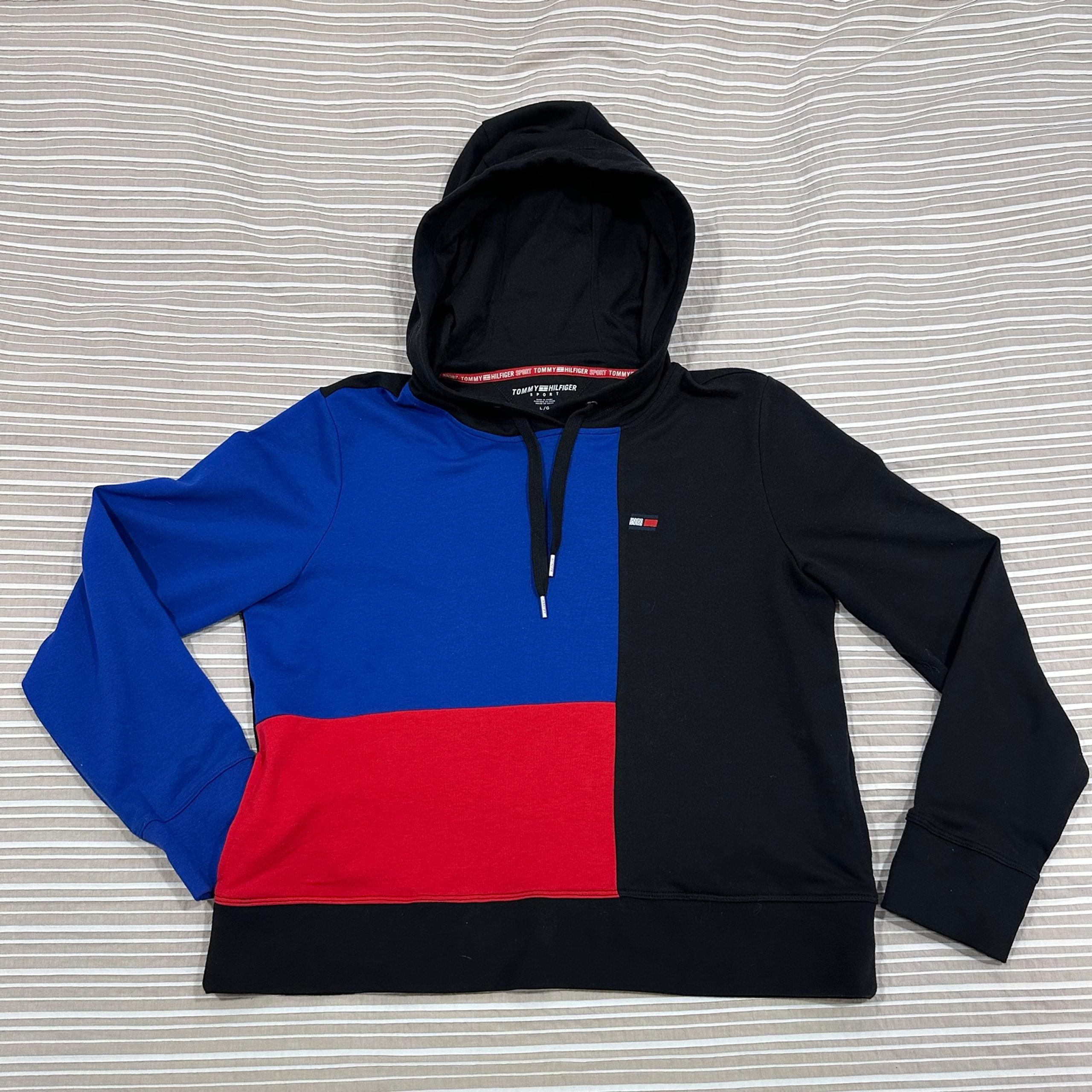 Tommy Hilfiger Sport Womens Large Navy Red Sweatshirt Fitness Hoodie Athletic