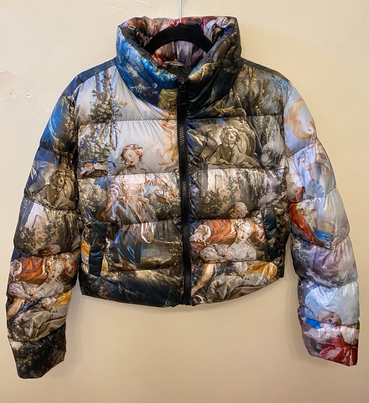 Dolls Kill Da Vinci Demons Crop Puffer Jacket Current Mood Art Coat Womens S