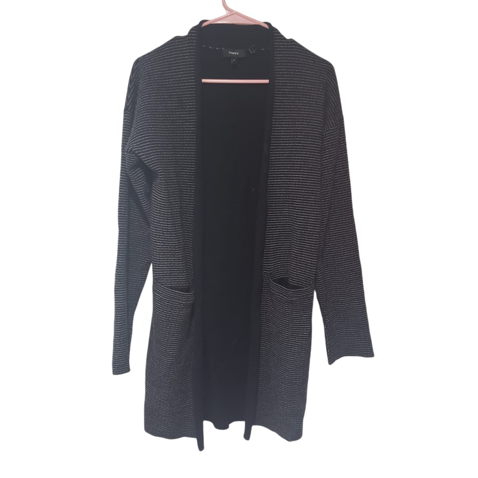 Theory Armelle O Noble wool cardigan sweater Longline Striped Size M Navy Blue