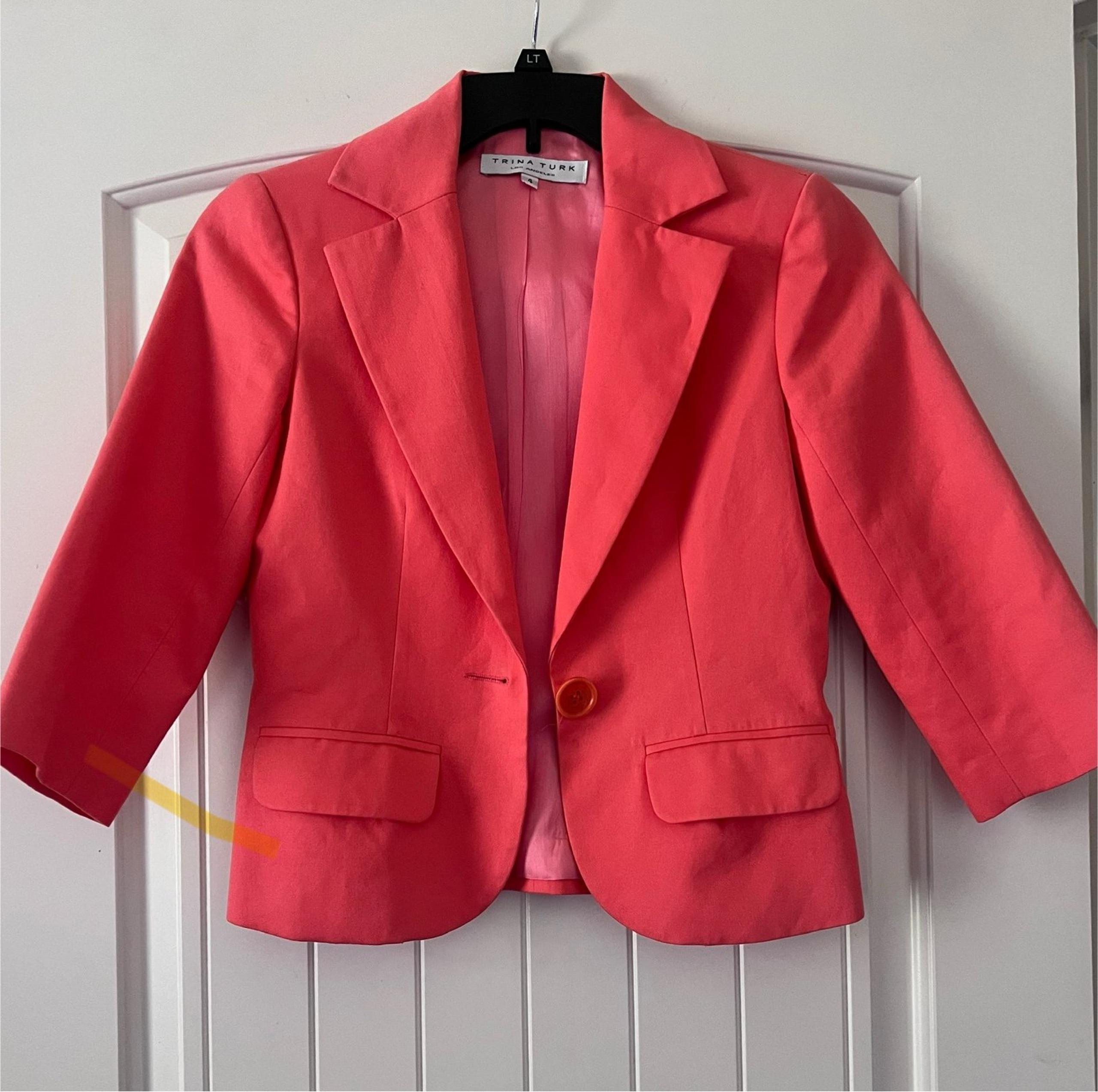 Trina Turk Size 4 Coral One Button Blazer Stretch Lined Pocket Minimalist Jacket