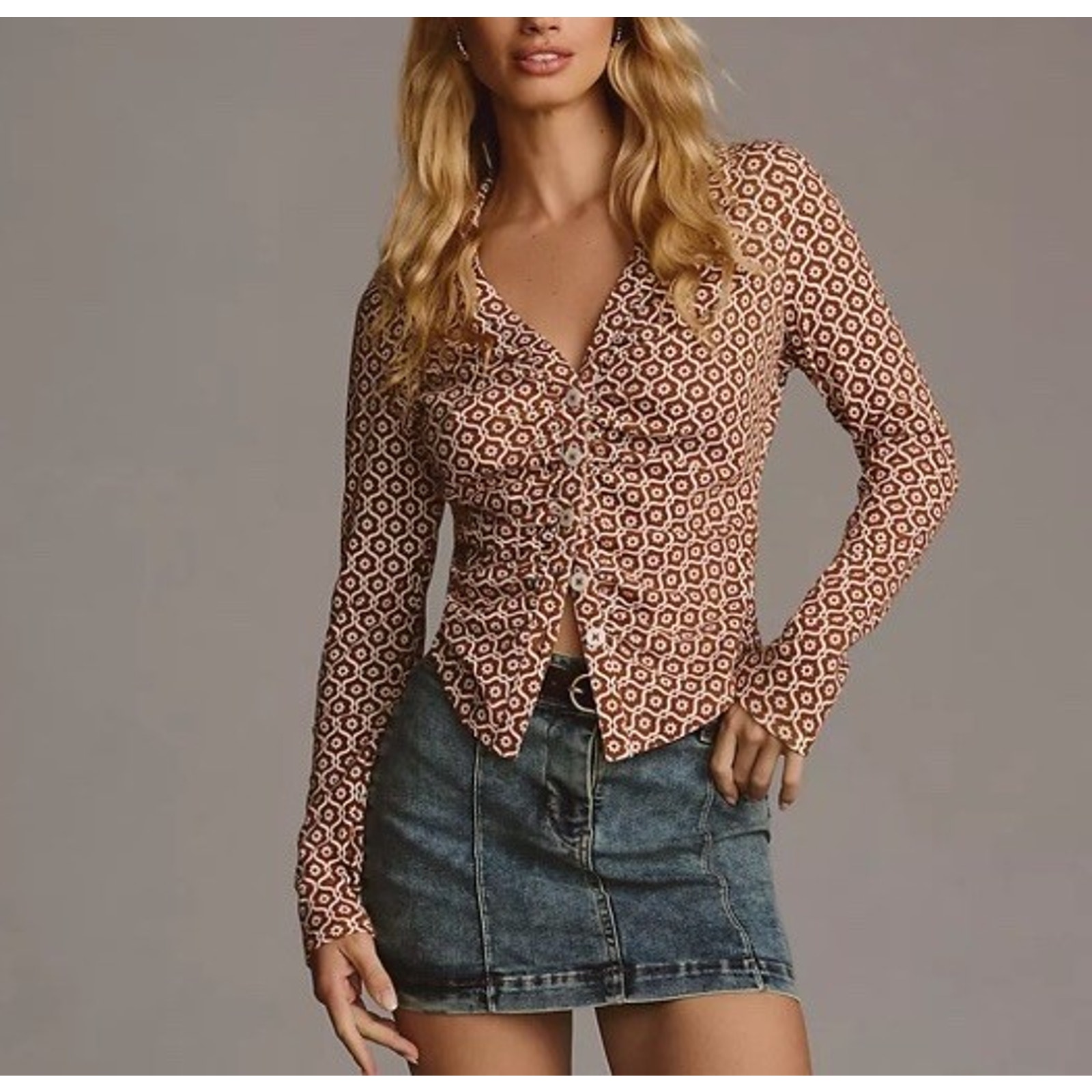 Anthropologie MAEVE Women’s Small Ruched Shirt Collared Button Front Long Sleeve