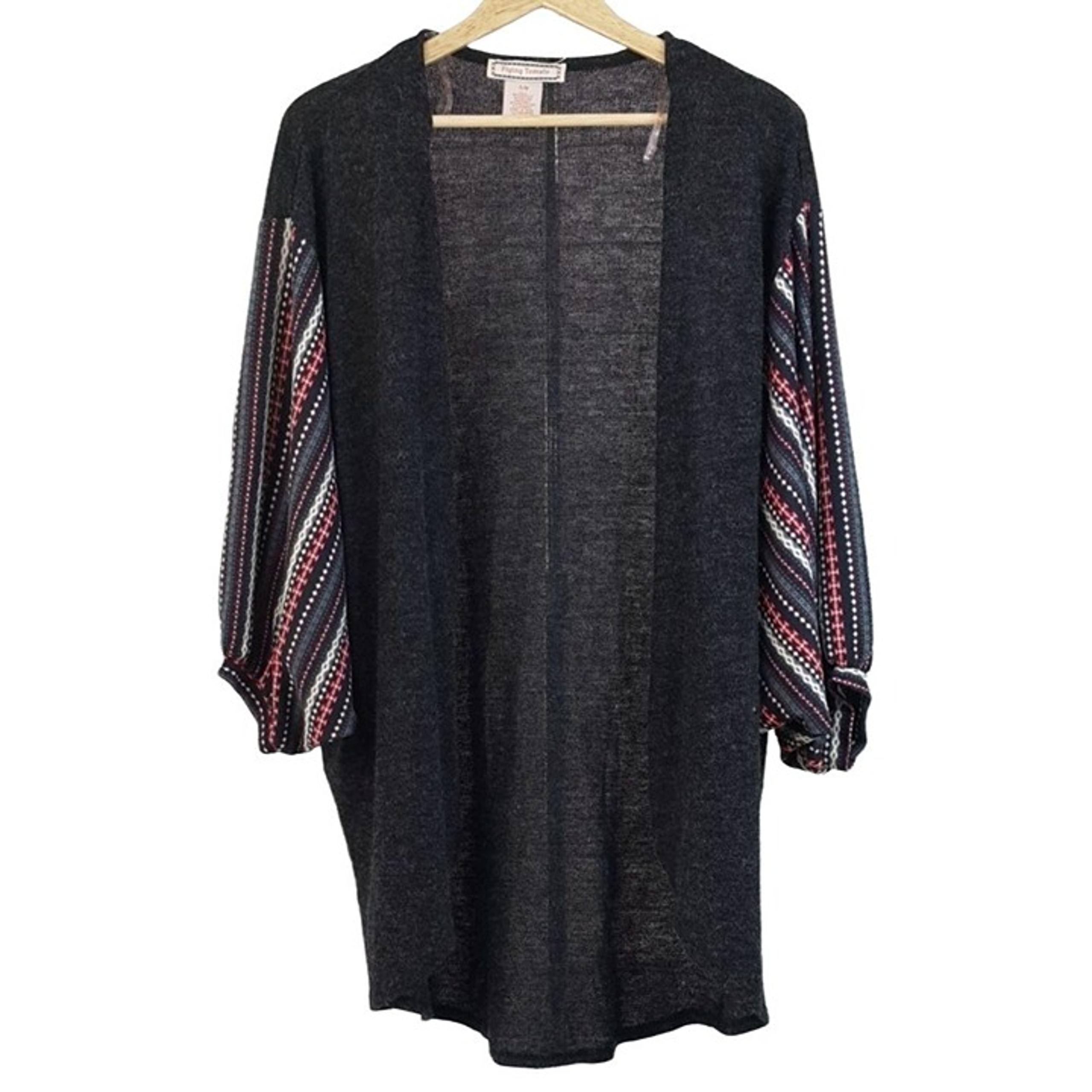 Flying Tomato Sweater Open Cardigan Gray Small Medium Red Boho Geo Loose Tunic