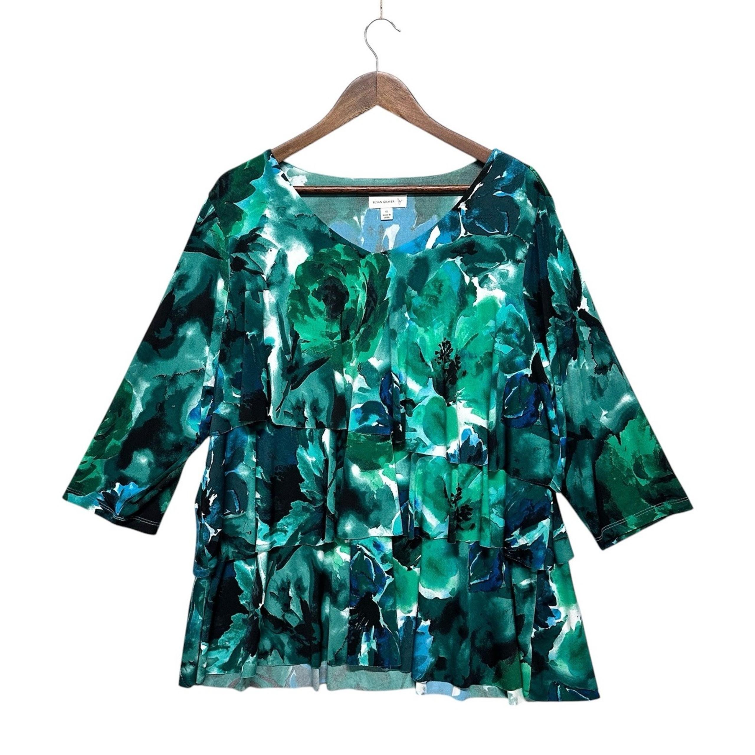 Susan Graver Liquid Knit Top Women's Plus Size 1X Floral Stretch 3/4 Sleeve Tier