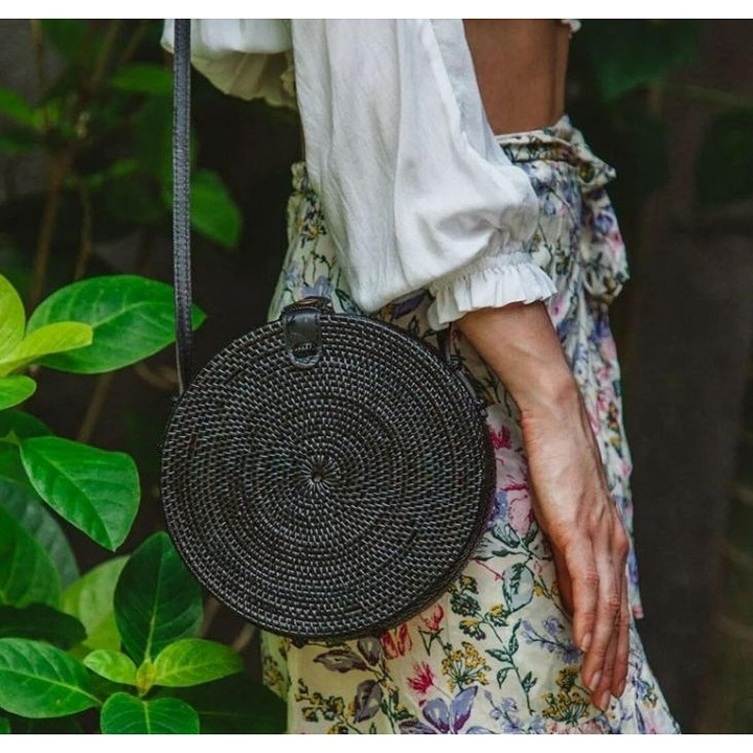 Black Round Rattan Bag - Bali Bag - Women Straw Bag - Woven Shoulder Rattan Purs