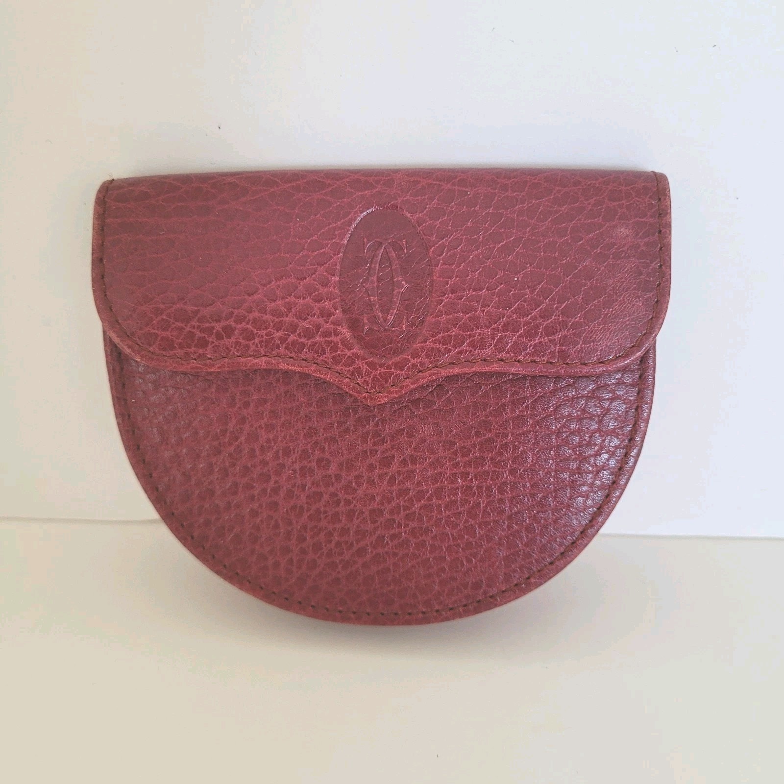 Cartier Vintage Mini Coin Holder Wallet Bordeaux Leather Small Red Horseshoe