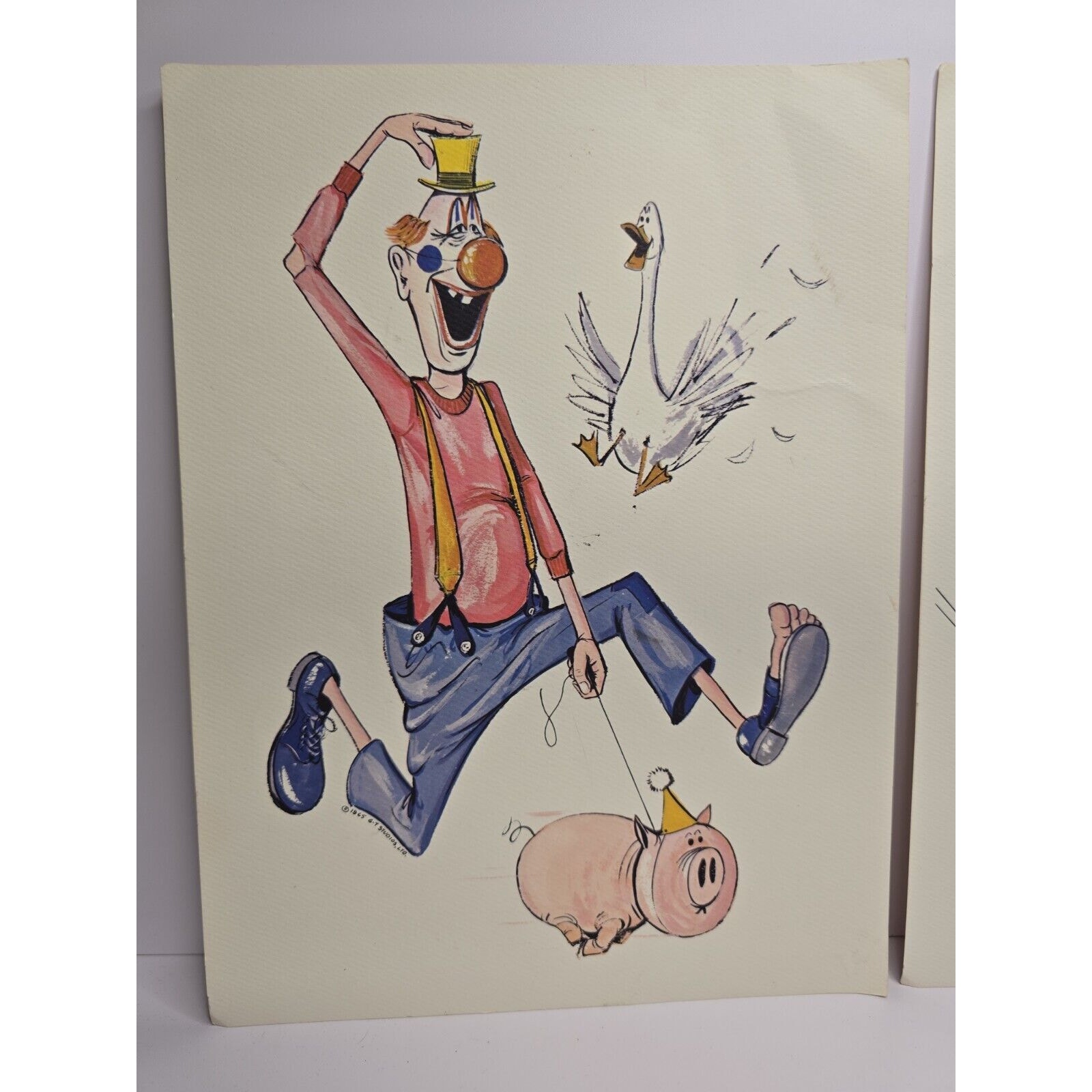 Vintage G-T Studios Clown with Pig and Goose Print 1965 8.5 x12