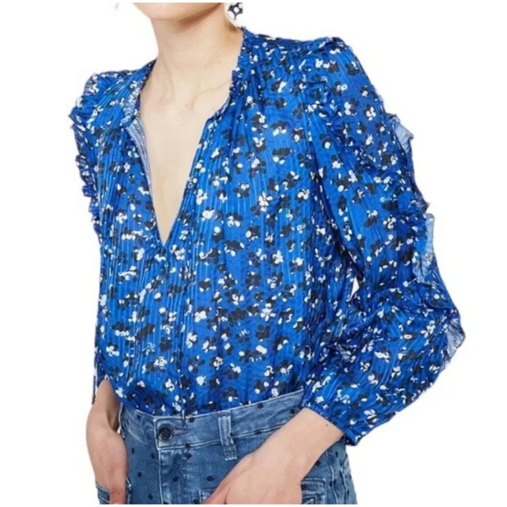 Ulla Johnson Lillian Blouse size 0 XS cobalt blue floral ruffle top silk cotton