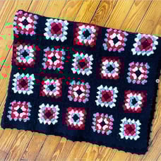 Vintage Crochet Afghan Blanket Charcoal Black Red Cream Gray Boho Hippie