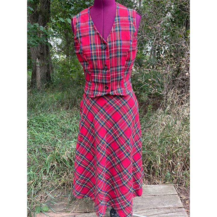 Vintage 1970s Red Tartan Plaid Womens Vest Skirt Set Sz M Preppy Retro