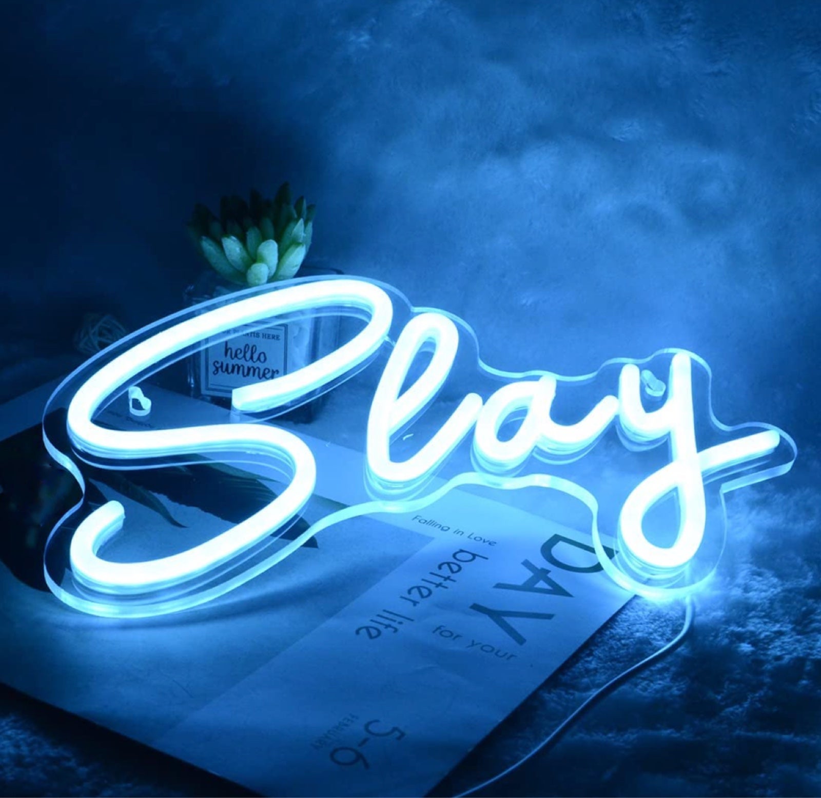 Bright Blue Slay LED Night Light Sign Room Wall Decor