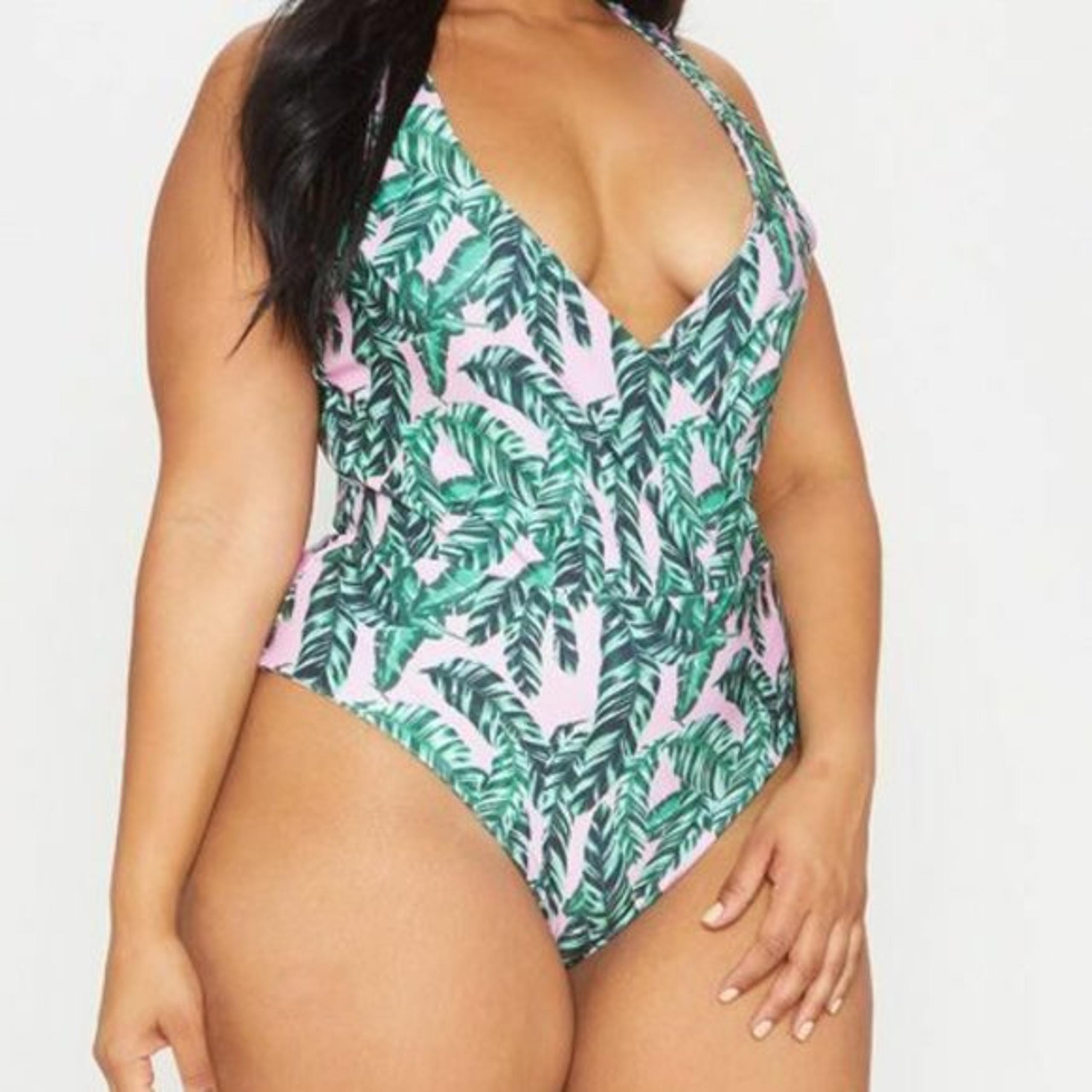 Plus Size 22 Pretty Little Thing Pink Tropical Print Wrap Swimsuit One Piece