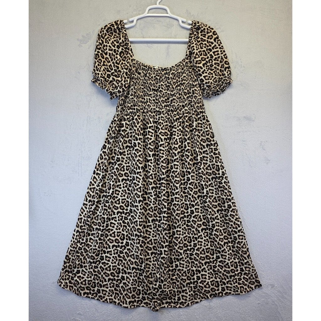 H&M Dress Womens L Puff Sleeve Animal Print Smocked A Line Mob Wife Cottagecore