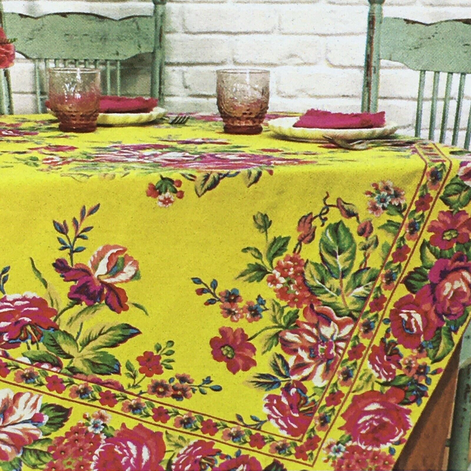 April Cornell Vivian Yellow Pink Floral Tablecloth 54x54 100% Cotton Summer