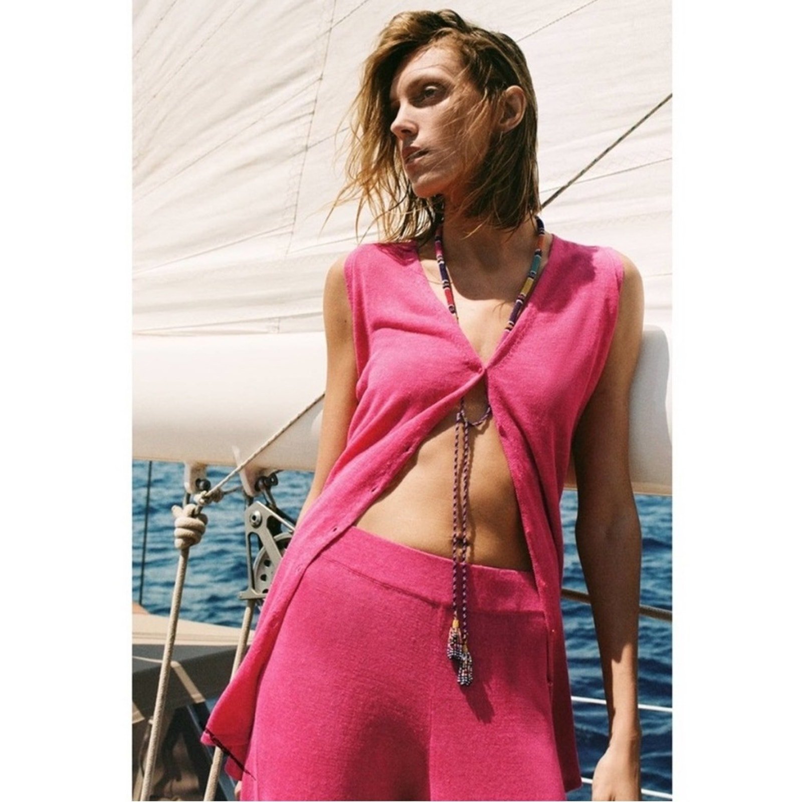 Zara Pink Linen Blend Sleeveless Oversized Button-Down Vest Top Sz S NEW