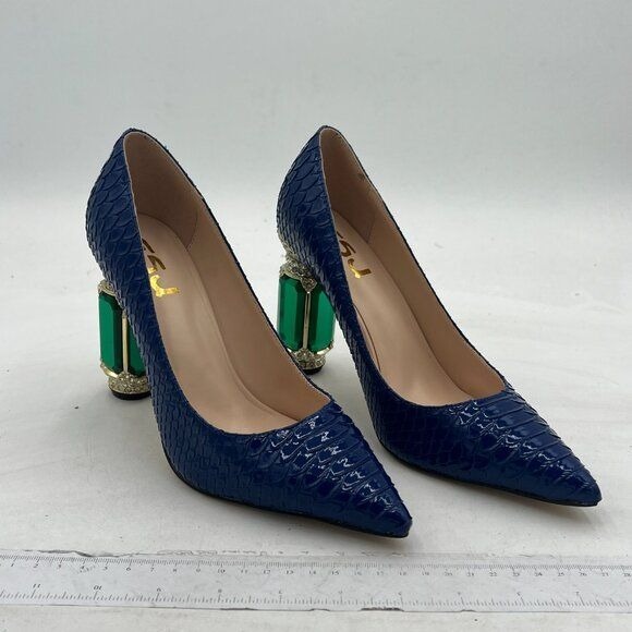 FSJ Blue Snake Print Bridal Pointed Toe Chunky High Heel Crystal Wedding Pump