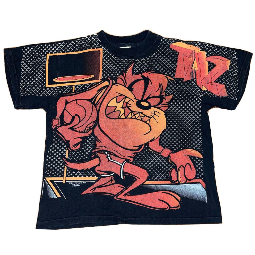 Vintage 1996 Taz Warner Bros Freeze Looney Tunes All Over Print KIDS Shirt Sz L