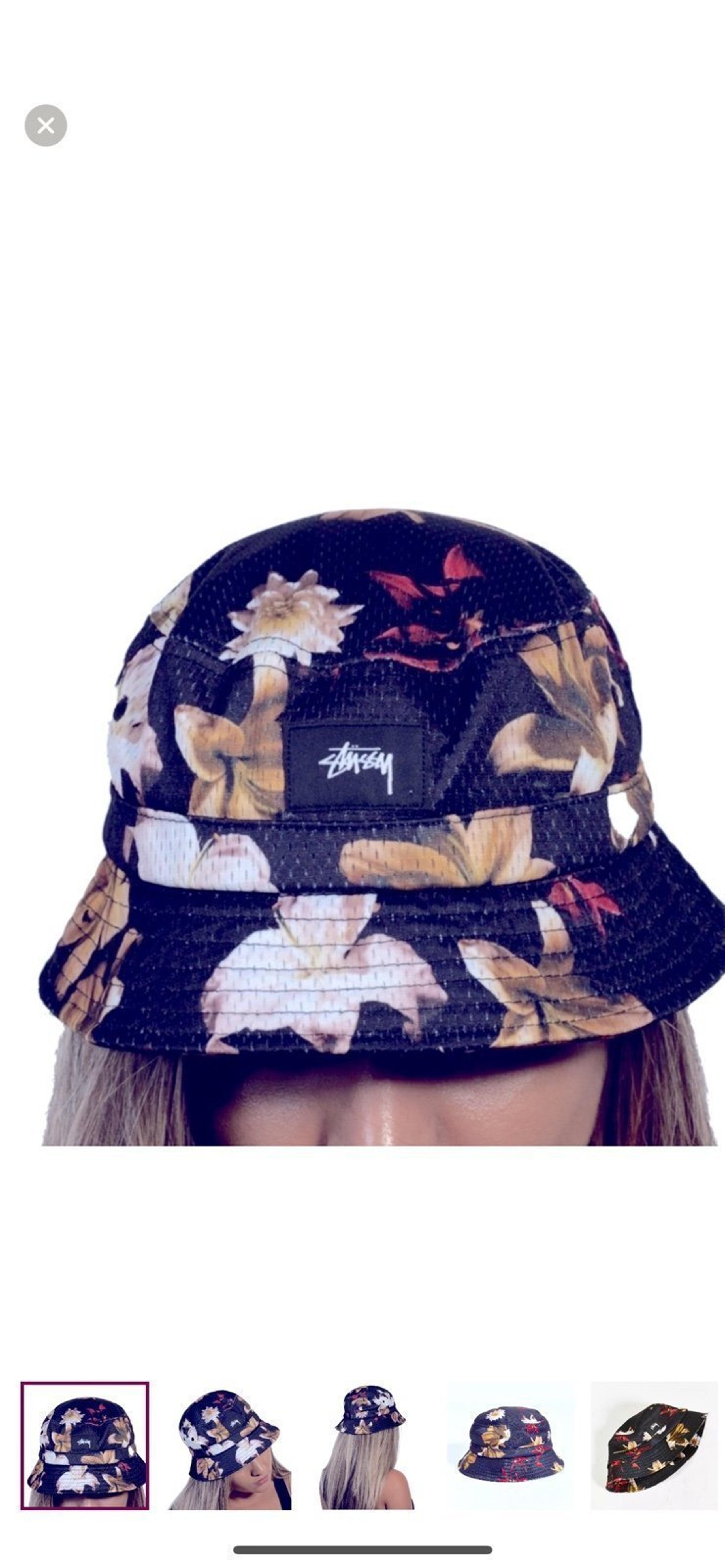 Stussy Black & Cream Bucket Hat With Floral Design