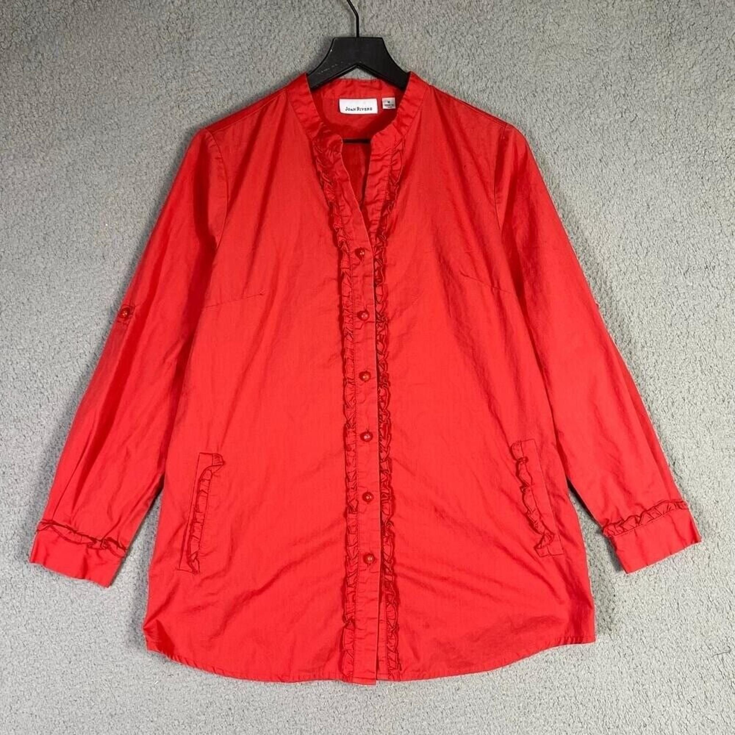 Joan Rivers Red Ruffle Button Blouse M Medium Cotton Blend Long Sleeve Top