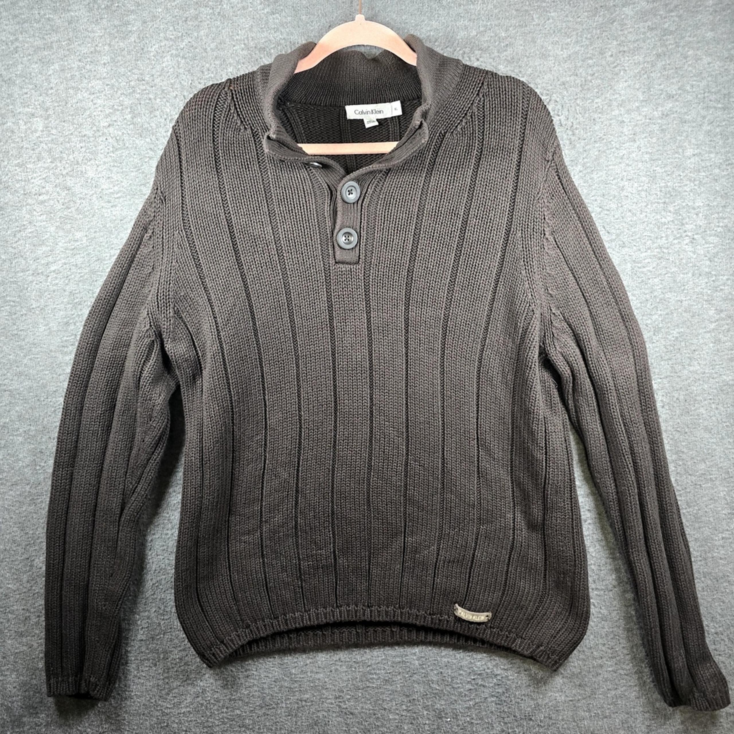 VTG Calvin Klein Men XL Dark Brown Ribbed Pullover Sweater Quarter Button Collar
