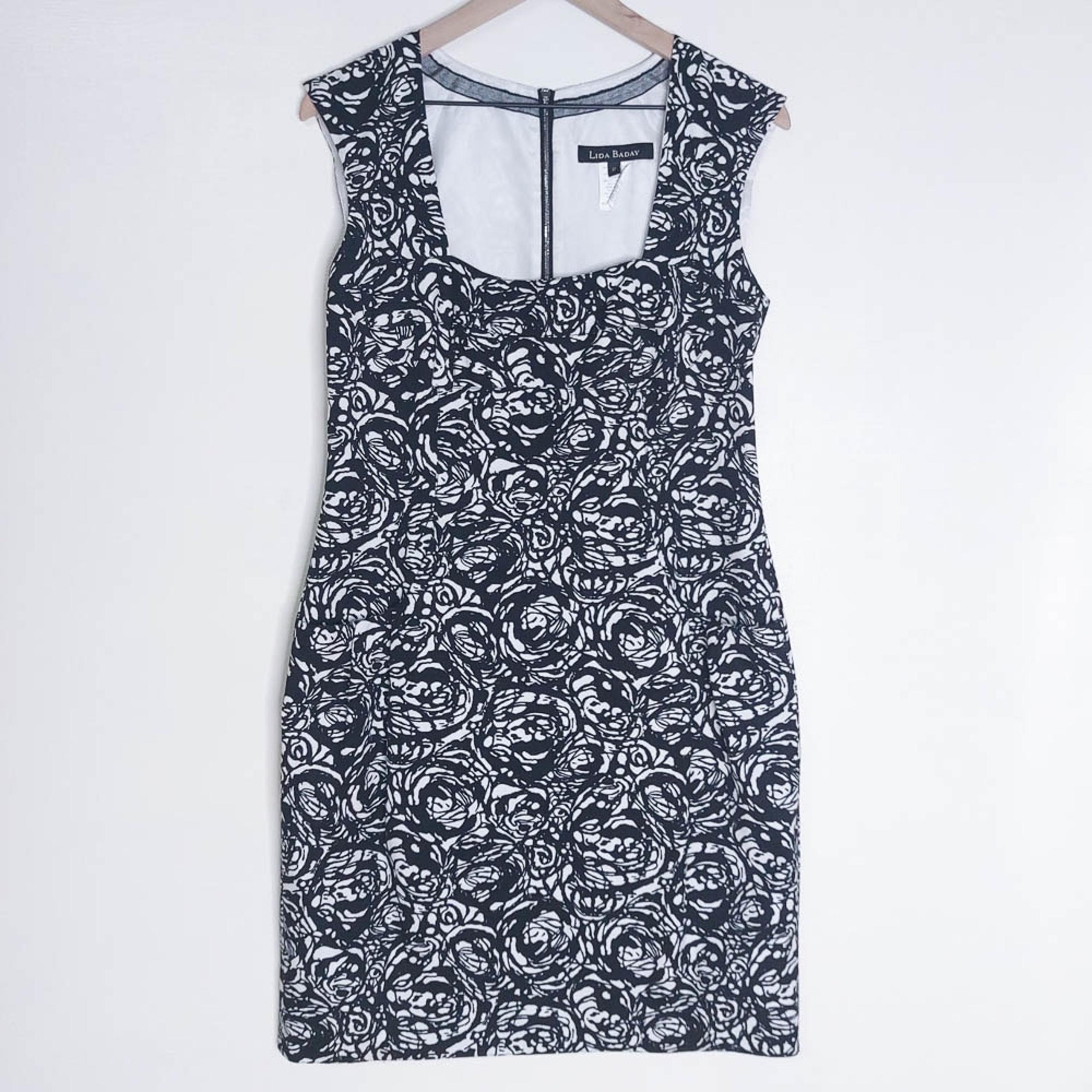 Lida Baday Women’s 12 Black White Floral Cotton Sleeveless Dress Pockets Lined