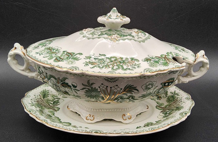 Antique J & G Meakin Green Japan Pattern Covered Mini Tureen Gravy Sauce Dish