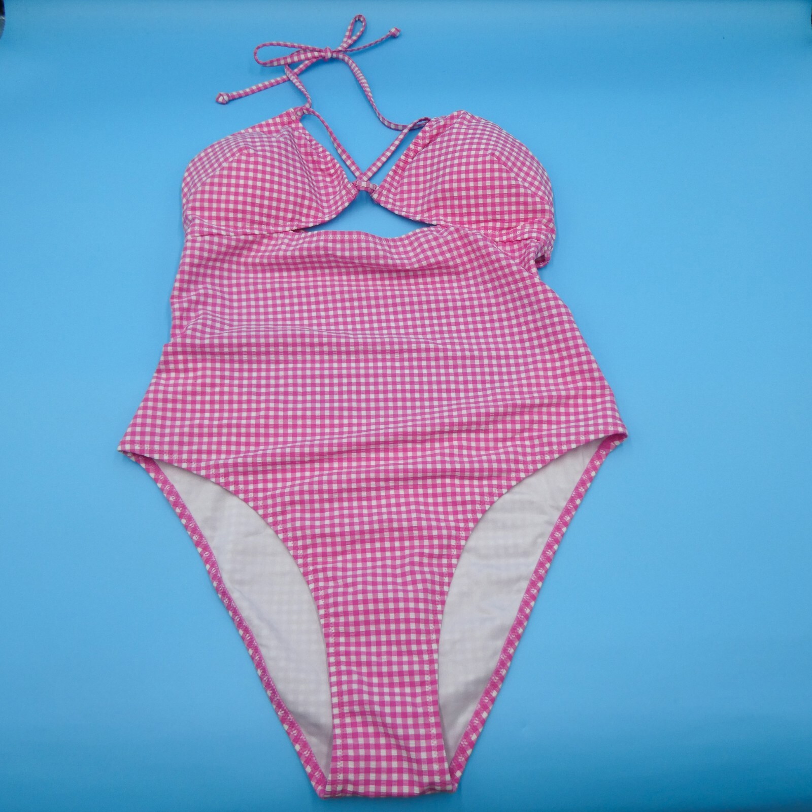 Victorias Secret Large Pink White Check Cutout Halter Padded One Piece Swimsuit