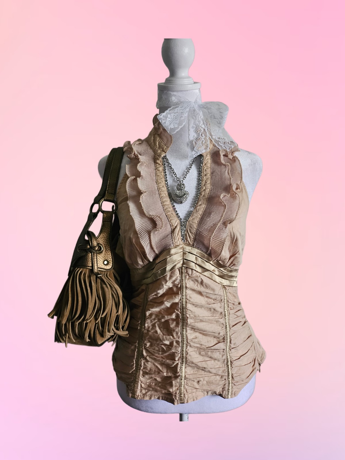 Oh Yes Y2K Vintage Tan cream ruffled glam halter top with gold & Rhinestone trim