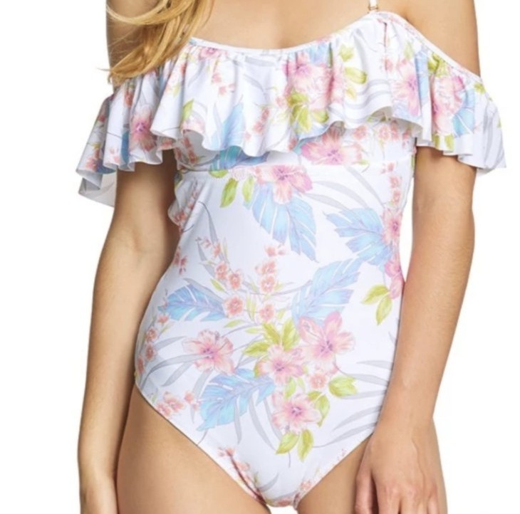 X-LARGE White Floral MAUI One Piece Swimwear Off Shoulder Cheeky SWIM Raisins