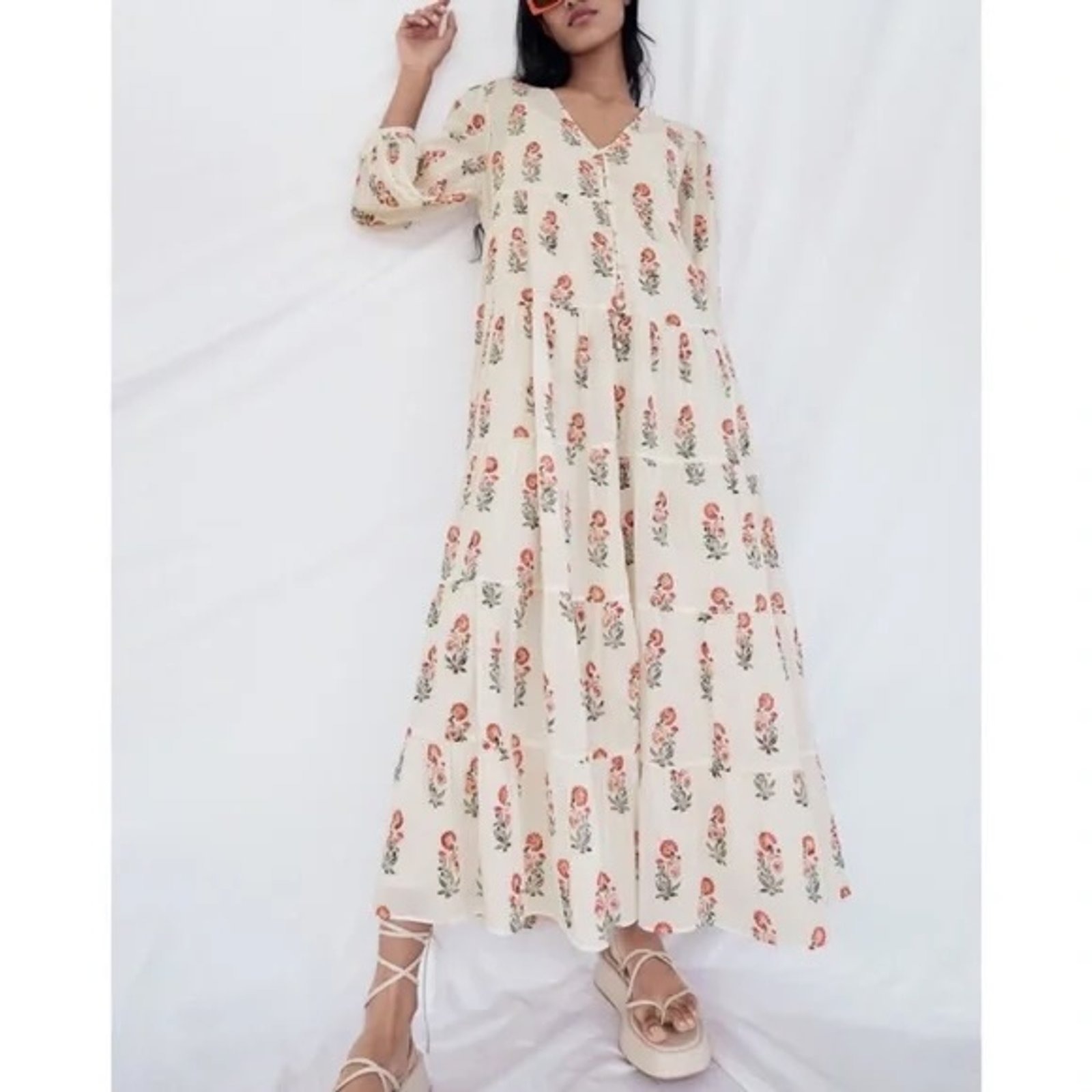 ZARA Floral Print Tiered Cotton Dress