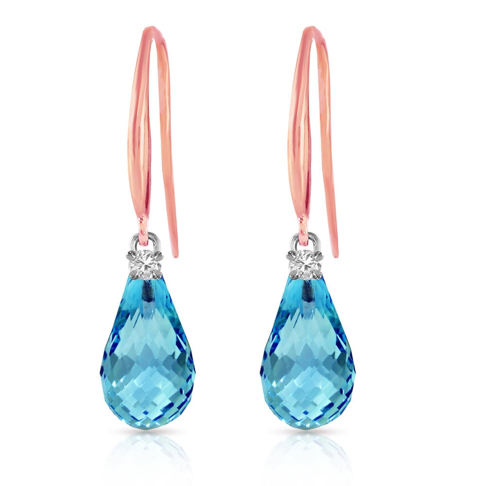14K.GOLD FISH HOOK EARRINGS WITH DIAMONDS & BLUE TOPAZ (Rose Gold)