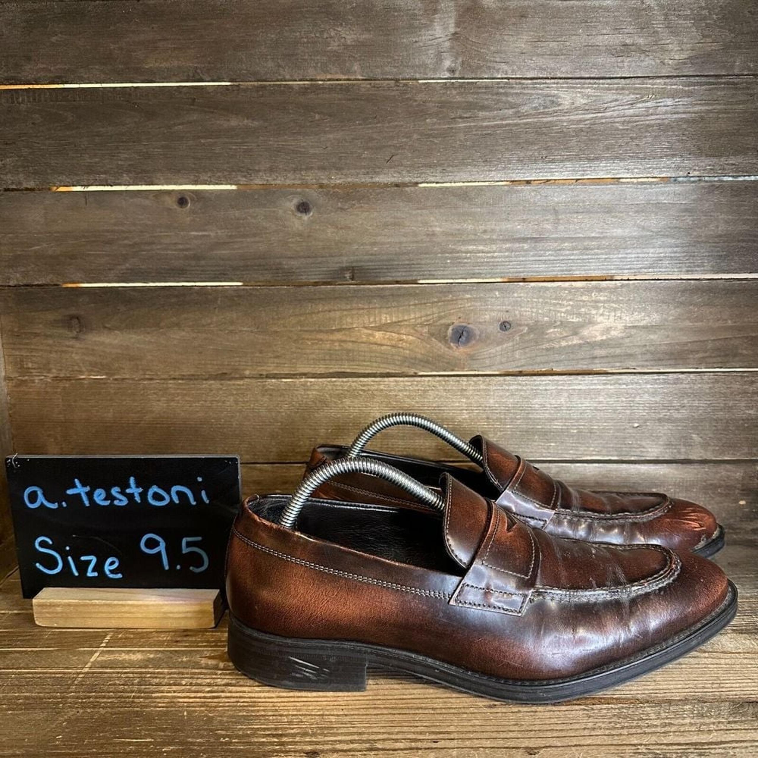 Mens A. Testoni Brown Leather Slip On Dress Penny Loafers Shoes Size 9.5 M GUC