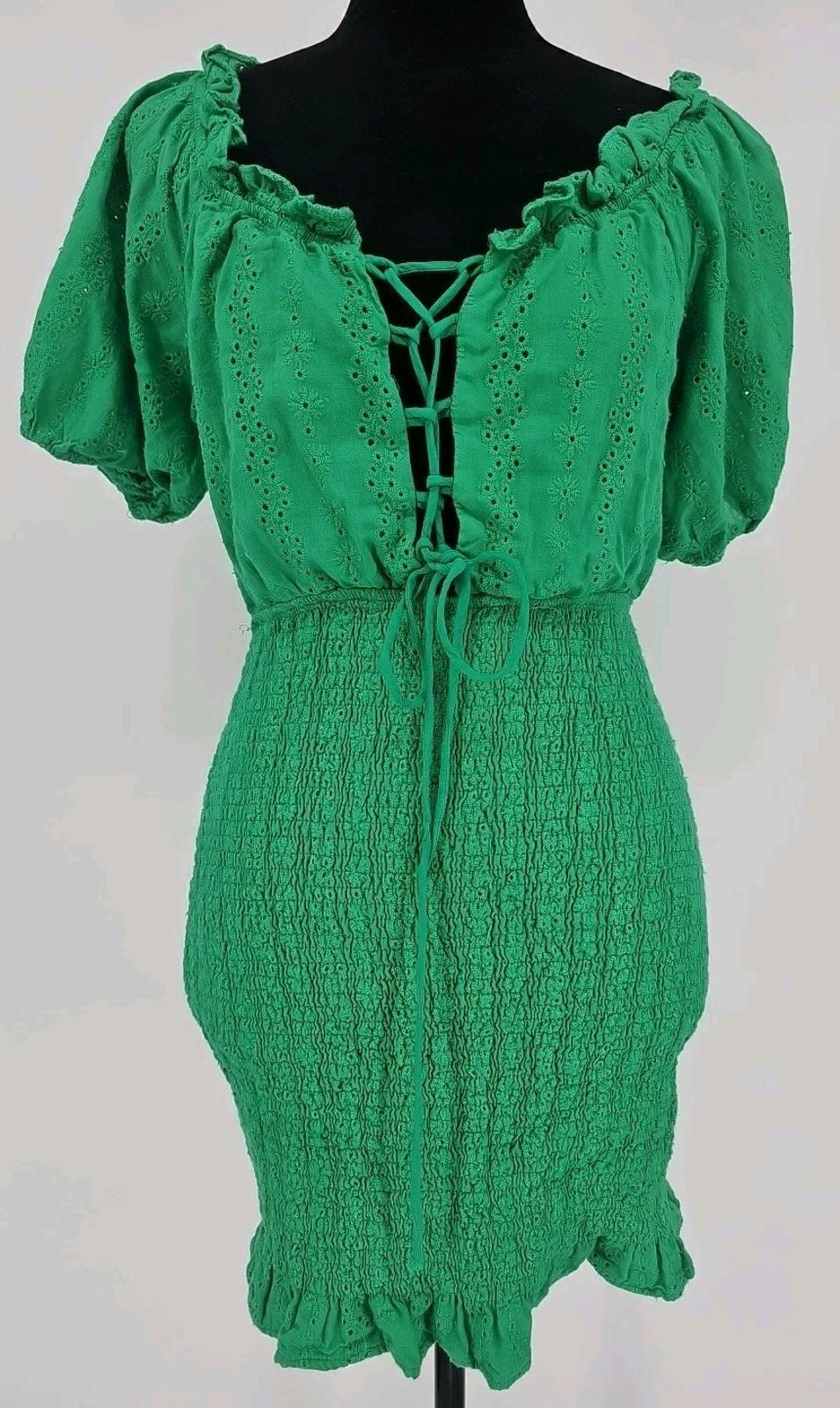 MABLE Ada Smocked Ruffle Dress M Green Eyelet Lace Front Dress Size