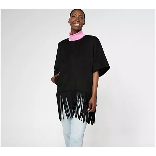 Dennis Basso Faux Suede Shawl w/ Fringe Black Lined Size Medium Polyester Blend