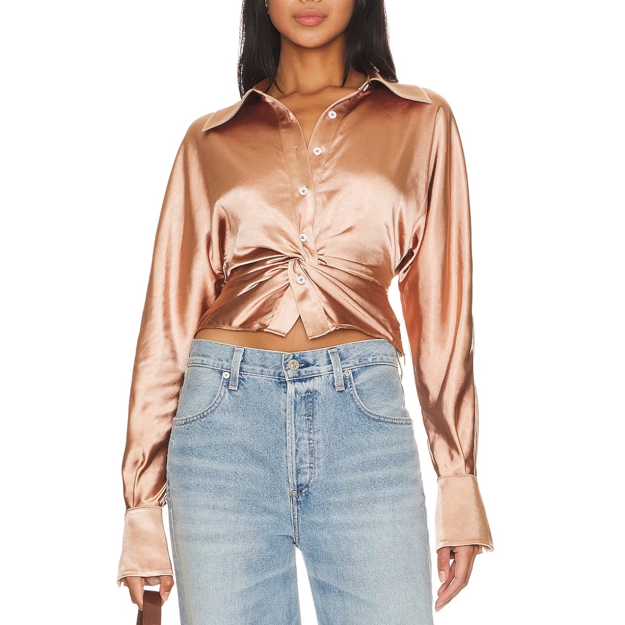 Song of Style Copper Brown Satin Wrap Top SMALL Buttonup Blouse Metallic 188