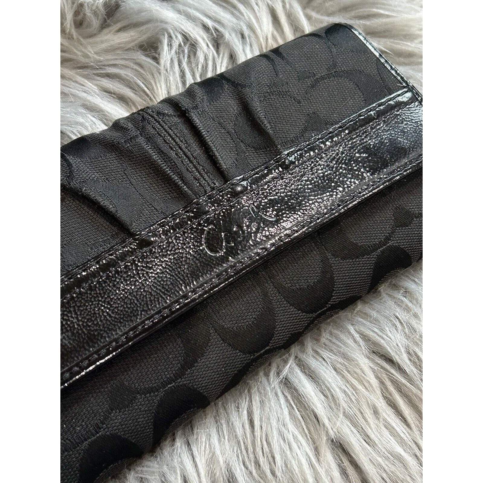 VTG COACH Black Signature 12CM Jacquard Patent Leather Trifold Clutch Wallet Set