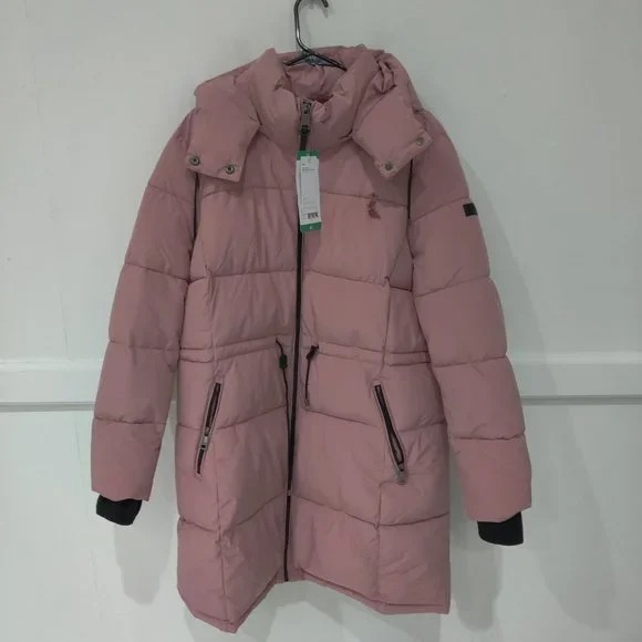 SOILED DKNY Women's Long Hooded Thumb Hole Winter Parka Pink Size XL 200 7D012