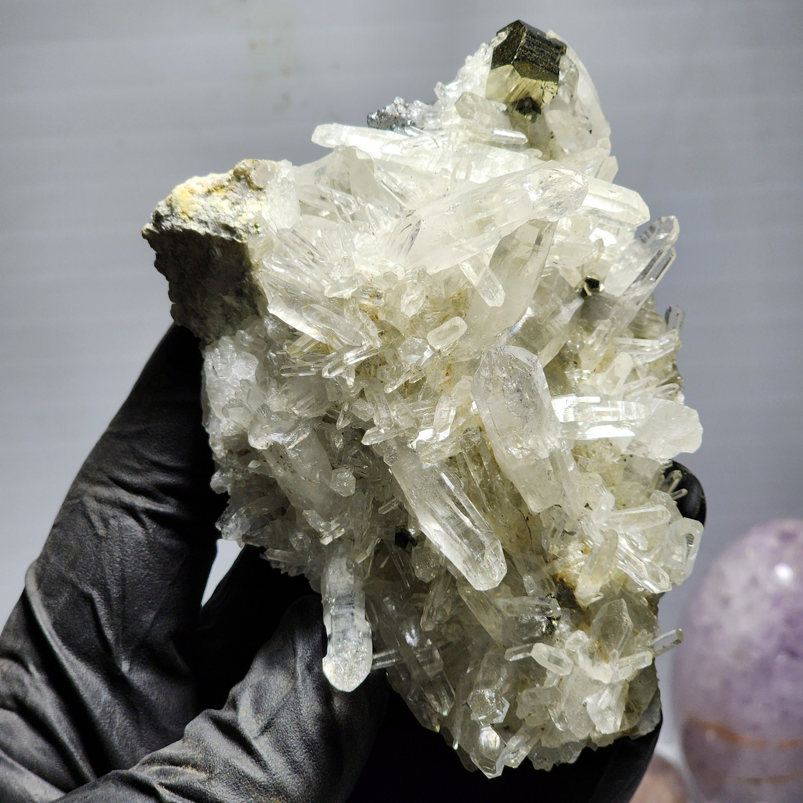 Quartz cluster with pyrite from peru.