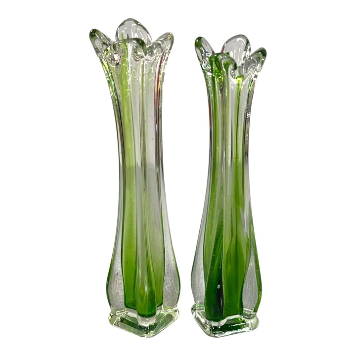 Vintage Green Fluted Swung Glass Vase Set Lot of 2 MCM Tall Art Deco Style 10