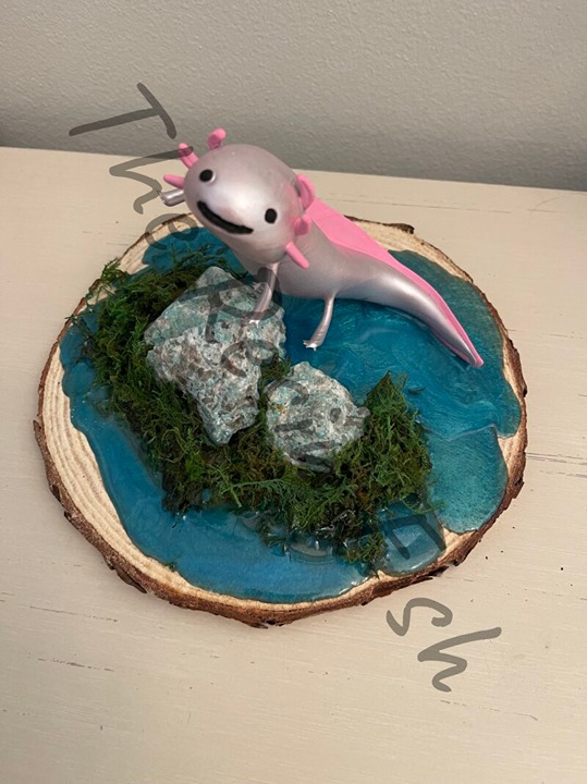 7″ x 5″ Axolotl Resin Statue on a Wood Round – Glow in the Dark