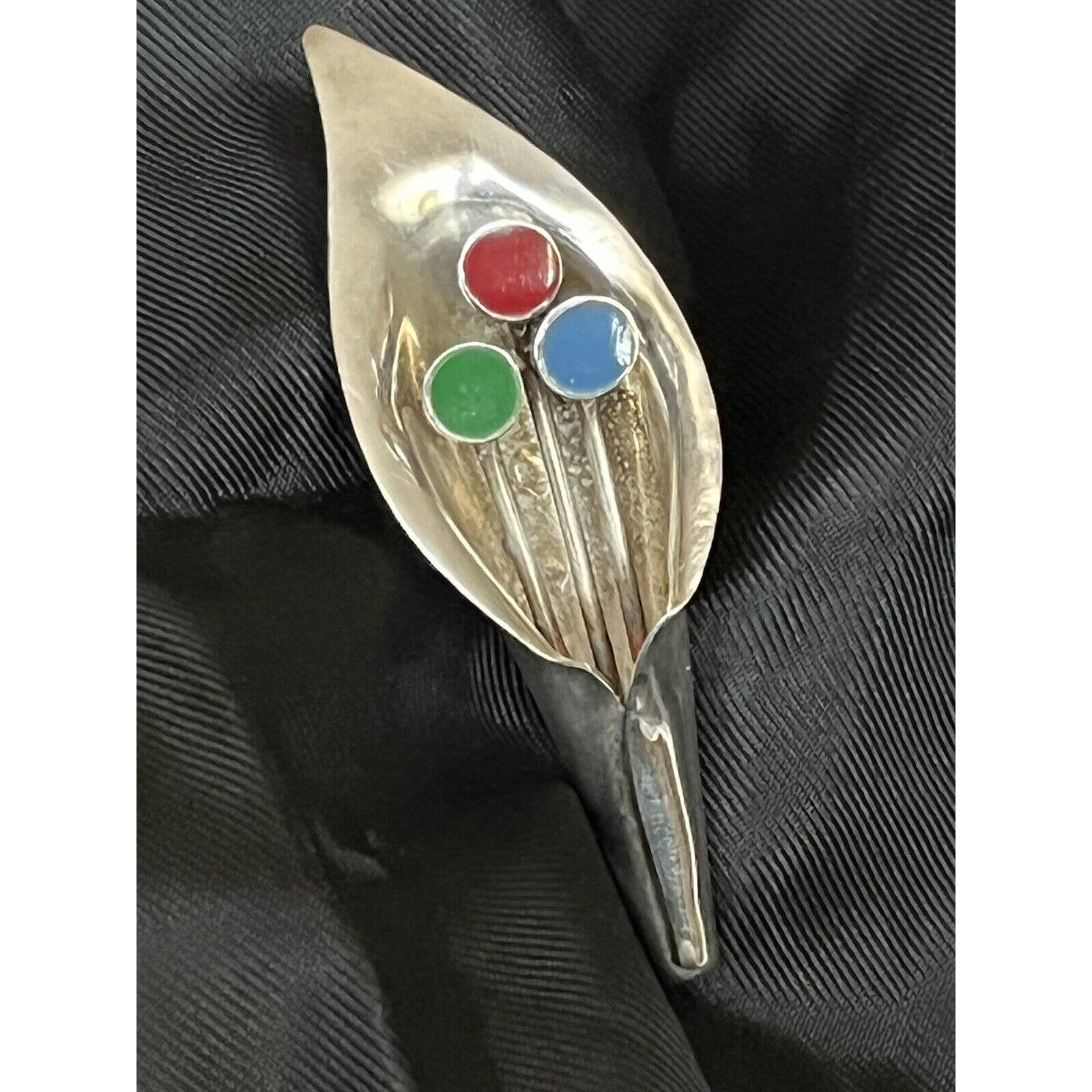Sterling Calla Lily Flower Brooch Pin & Enamel Center Multicolor Made in Mexico