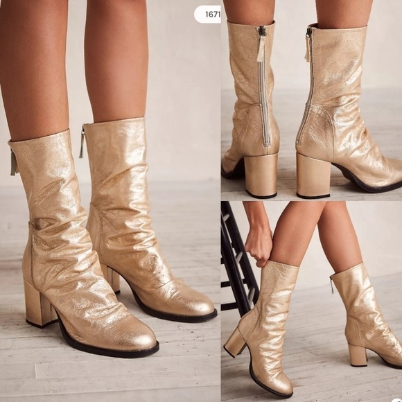 NEW Free People | Date Night Gold Elle Block Heel Boots