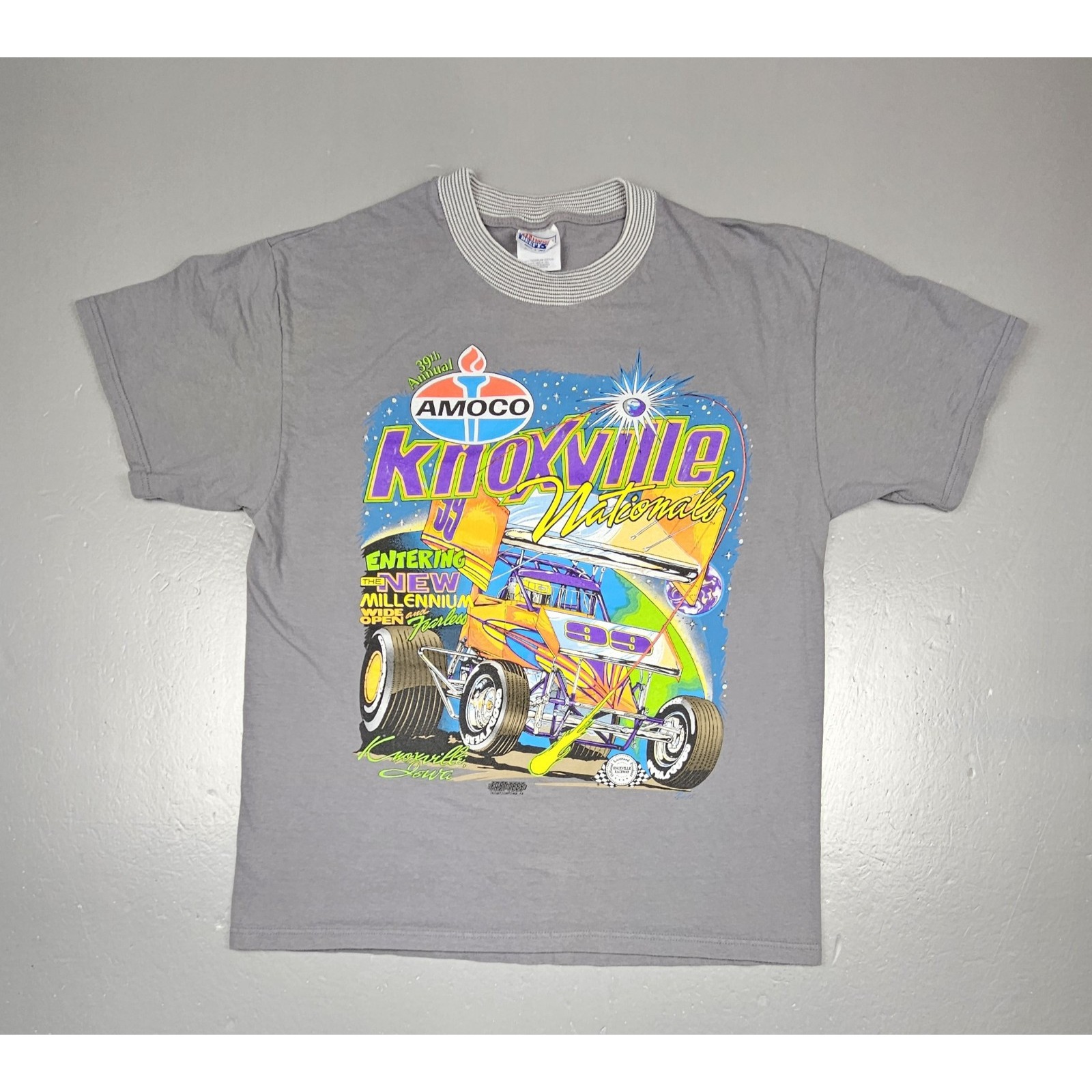 Vintage Knoxville Nationals Racing T-shirt Mens Lrg. 1999 Banded Collar Grey Tee