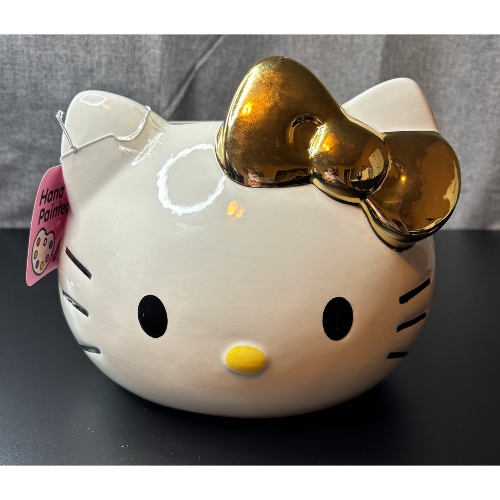 Hello Kitty Sanrio Large Ceramic Hand Painted Planter Gold Bow Pot Vase Decor