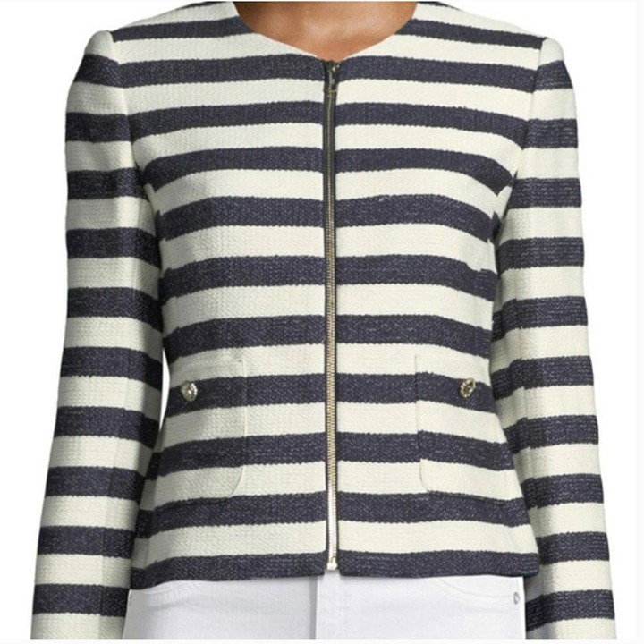 Karl Lagerfeld Navy Blue White Striped Tweed Blazer Jacket Size 16