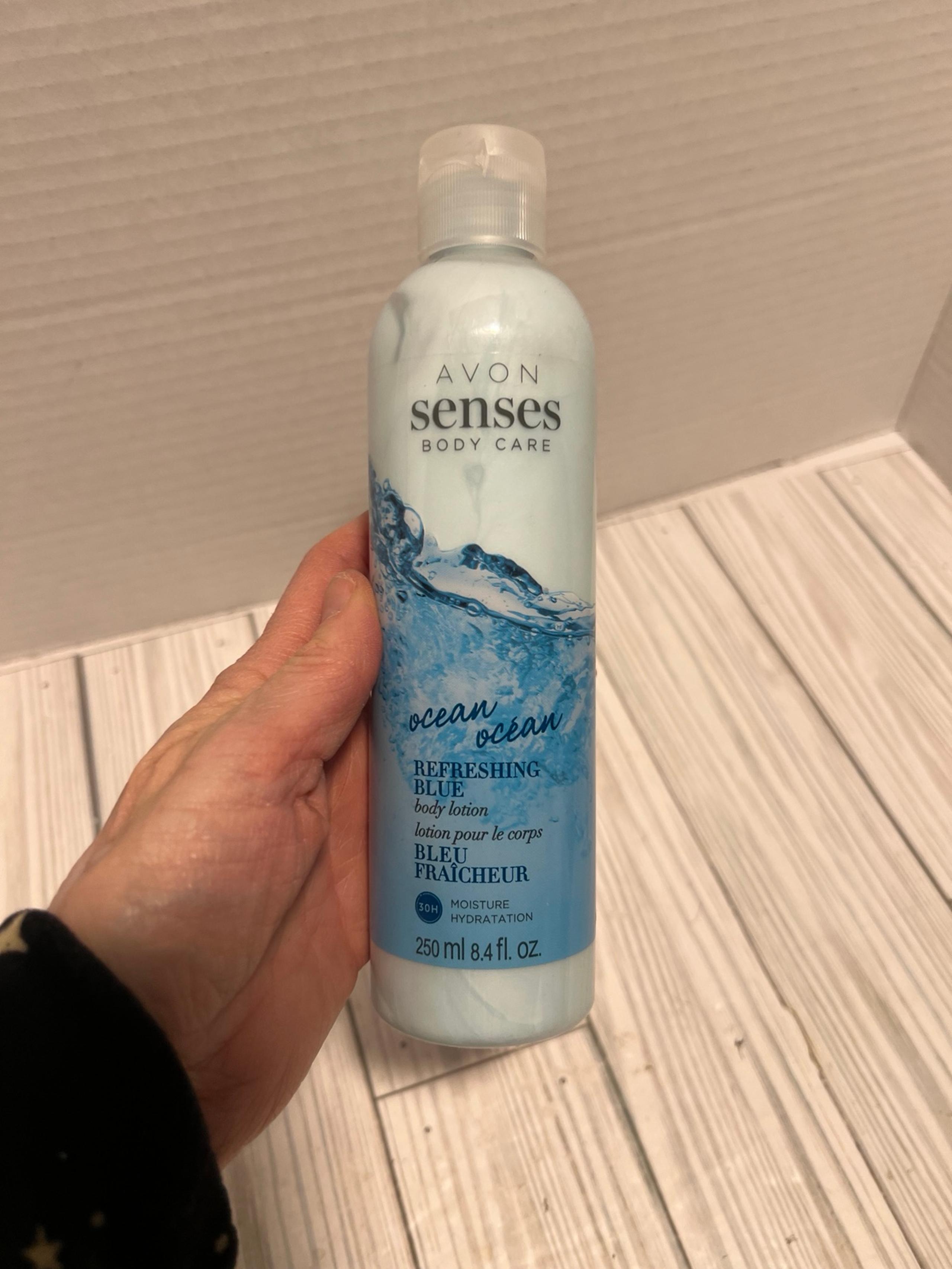 The product is Avon Senses Ocean Refreshing Blue body lotion: