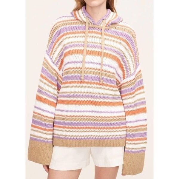 Rebecca Taylor Women Medium Multicolored Cotton Chevron Hooded Sweatshirt