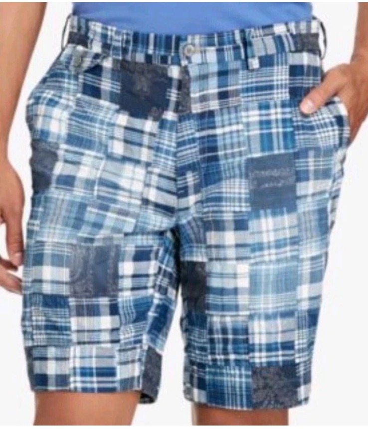 India Madras Polo Ralph Lauren Bermuda Shorts Men 38 Blue Patchwork Coastal Golf