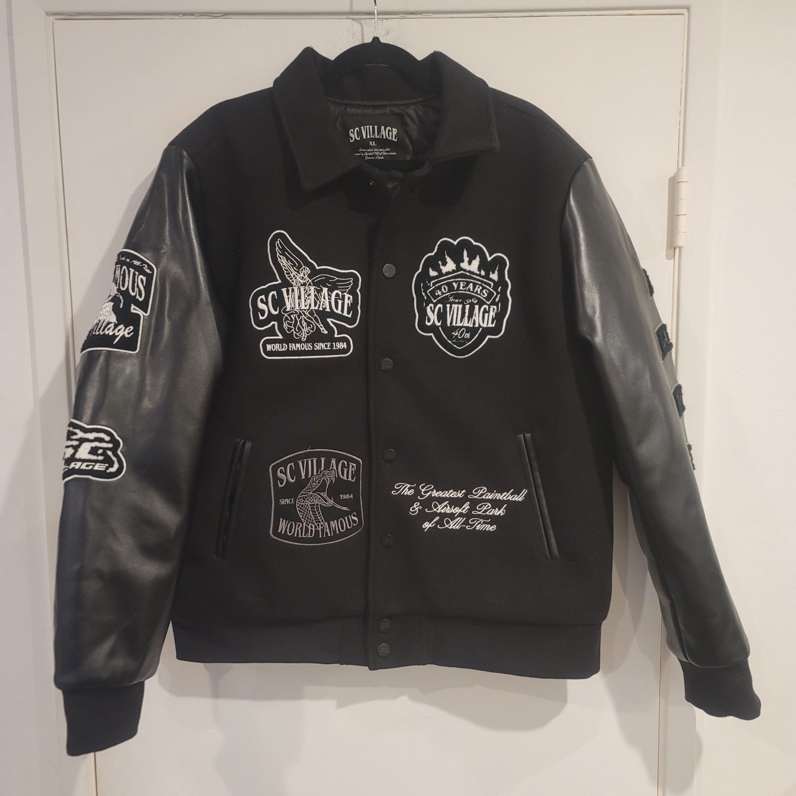 JacketSC Village World Famous Since 1984 Varsity Jacket - Black/White Patches