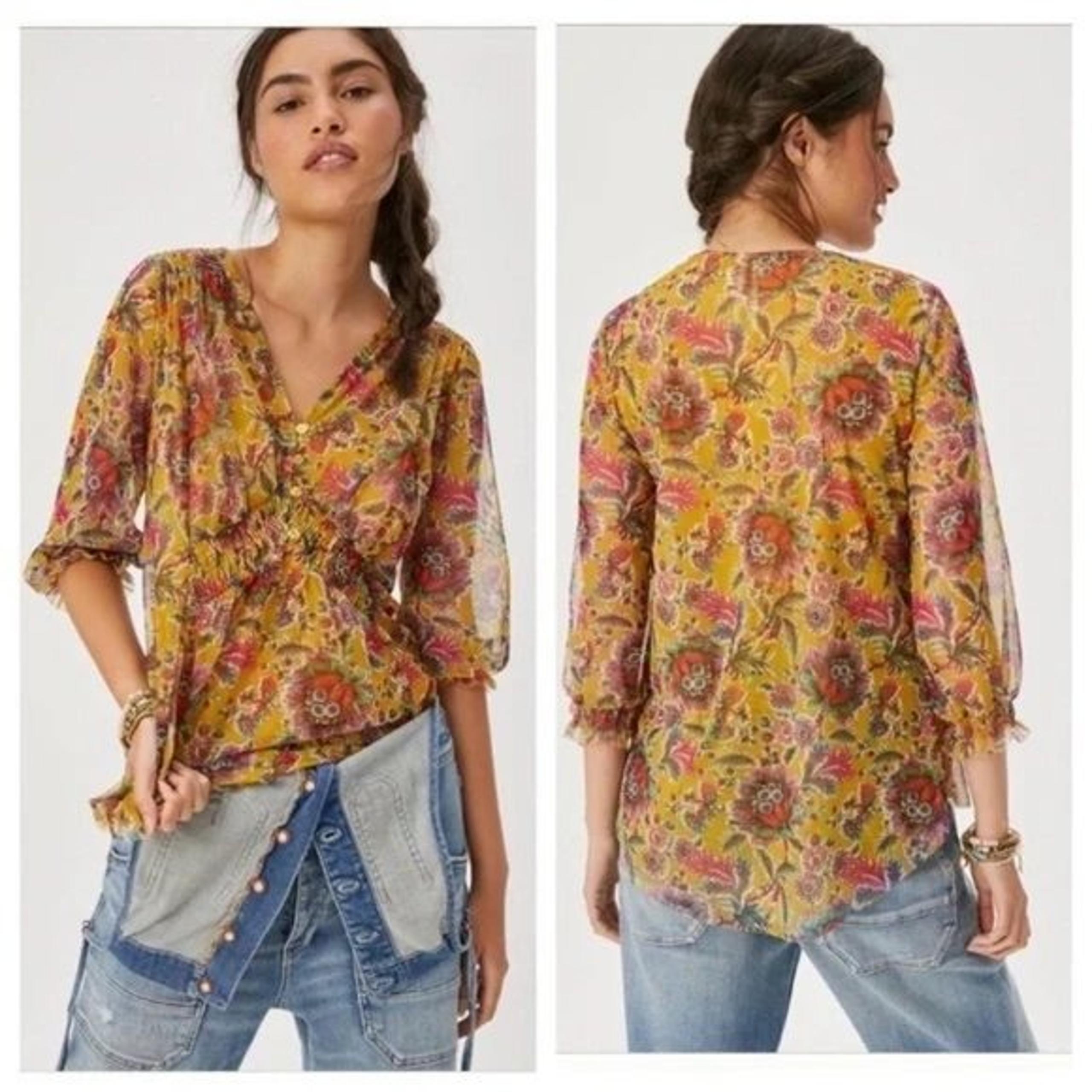 Anthropologie Gretchen Boho V-Neck Floral Smocked Mesh Tunic Top Blouse size S