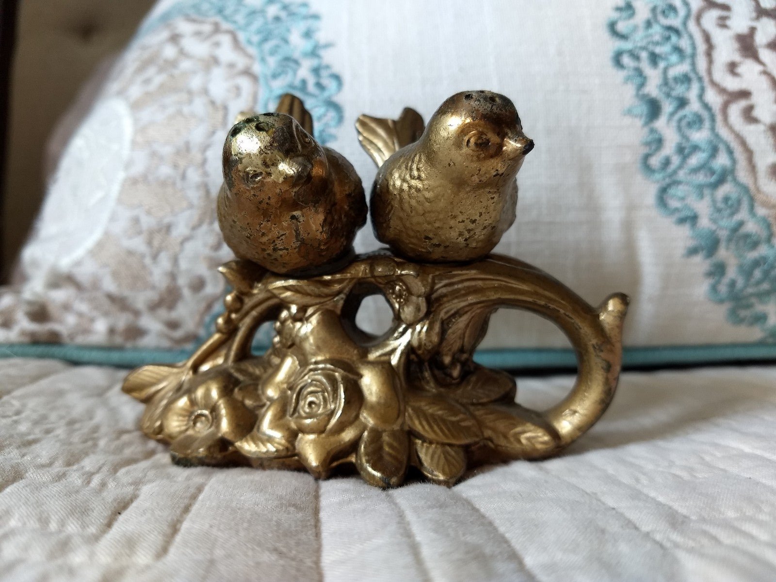 1960s Vintage Gold Plate over Pewter with 2 Birds on Roses Salt & Pepper Shakers